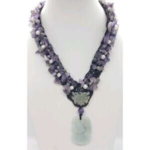 Vintage Necklace Amethyst Genuine Pearl Jade Elephant & Butterfly Pendants